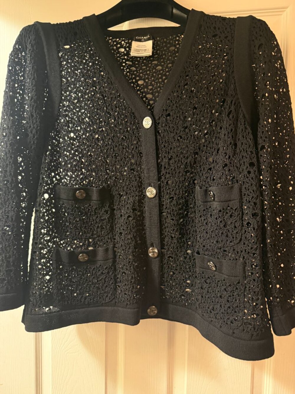 CHANEL Black Crochet Knit Cardigan Jacket – FR 48 (US 14–16)